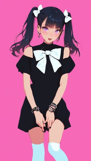 STICKER ON A WHITE BACKGROUND. green holographic silhouette, knee socks.
1girl, solo, long hair, looking at viewer, blush, open mouth, bangs, simple background, black hair, dress, bow, ribbon, twintails, jewelry, purple eyes, upper body, short sleeves, hair bow, heart, earrings, blunt bangs, nail polish, mole, :o, black dress, bracelet, mole under eye, piercing, pink background, white bow, ear piercing, shoulder cutout.
photo shoot, photo_realism, motion blur, nuance.
(dynamic view, photoshoot, golden hour, warm sunset lighting, shadows and dynamic lighting, soft lighting), dynamic view, splitter effect, waifu. Stylish. Cute, hot, shiny. Highly detailed uhd wallpaper, cel digital animation

,neon photography style, K-Eyes, score_9, score_8_up, score_7_up, score_6_up, score_5_up, score_4_up, just describe what you want, tag1, tag2,perfect eyes,detailed skin,skin blemish