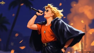 In the vibrant world of At the Gates, Viktorija Moody's Game art, Amber and Resplendent Dynamic captures a moment,

((1guy)), ((male accent)), solo, open mouth, blonde hair, hair ornament, 1boy, jewelry, male focus, belt, necklace, cape, bracelet, sunglasses, microphone, music, singing, orange shirt, microphone stand, vibrating pose. An animated image of a man with a microphone in his hands. The man is wearing a black raincoat with a black belt around his waist. He has long blond hair that flutters in the wind. He has black bracelets on his left wrist. His left hand is raised up. He holds a microphone in his right hand. The microphone is black. The background is dark blue, orange smoke rises from behind him. The background is blurred, which creates a sharp contrast with the character's outfit.

with a text in the upper right corner that reads "DRAUKA".

volumetric lighting, brutalism. Framed at 270mm with a shallow depth of field. 

art, colored pencil, sketch, painting, paper texture,art_solyanka,SKP-highly detailed,SamYoung_Illustration,fluxtration,ohwx style,Curi,1xcurx1,2xcurx2,1xcurx1,2xcurx2,1xcurx1,Xpoolx,Xshortx,Xmilitaryx,Xbeachx,Xmilitaryx,XCheckeredx 