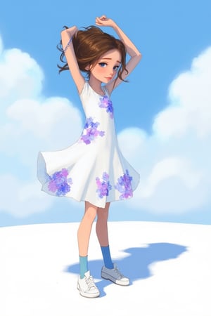 hntdlnwrk style, aesthetic, 

An animated image of a girl in a white dress with purple and blue flowers on it. The girl is standing on a white surface. The background is a light blue with white clouds in the sky. There is a shadow of the girl on the ground behind her. Her hair is brown and blue. Her eyes are dark and her hair is blowing in the wind. Her right hand is raised above her head. Her left hand is resting on her hip. She is wearing a bracelet on her right wrist. Her shoes are white with blue socks.

art, colored pencil, sketch, painting, paper texture,art_solyanka,SKP-highly detailed,SamYoung_Illustration,fluxtration