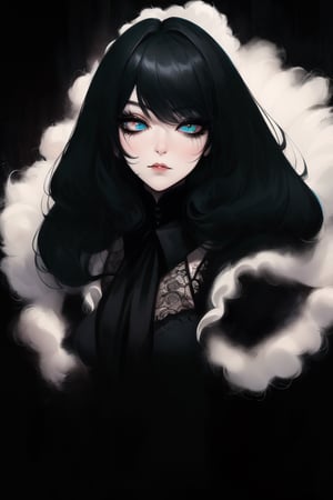 Minimalist painting, portrait of gothic girl, looking at viewer, sexy, slender body, black lace dress, tulle, full black lips, eye drawing, tuxedo eyes, long fluffy lashes, in the style of esao andrews, K-Eyes