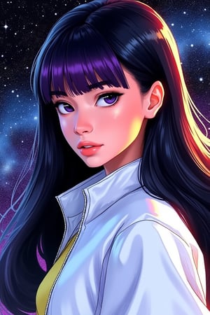 aesthetic,

score_9, score_8_up, score_7_up, (masterpiece, perfectly detailed, beautiful face, detailed eyes, vibrant colors), ultra HD, 8K, 1girl, white cropped jacket, long hair,solo,black hair, purple bang,detailed and fine eyebrows, strong lines, cleann draw, open eyes, full body, [(full-length figure:1,5)], dinamic face, BREAK star galaxy on the background, starry background, black and blue gradient background, green, lightweight design, intricate details, simple background,

add text "Drauka",

legendofnerd style, BREAK simple background, diagonal abstract structure on background, 

colored pencil, sketch, painting, paper texture,art_solyanka,SKP-highly detailed,SamYoung_Illustration