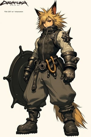 Neko with brown ears and tail wearing a sturdy shirt and pants with blonde layered hair and is holding a shield,

The word "DRAUKA" is written in a bold font at the top left of the image
ct-pop2,cyberpunk