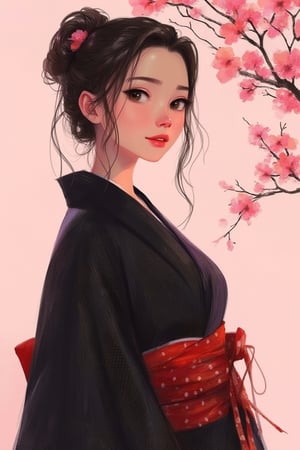 hntdlnwrk style, aesthetic, 

An animated portrait of an Asian woman in a kimono. The woman's hair is long and wavy, and she is wearing a black robe with a red belt around her waist. The background is a light pink, and there are cherry blossoms on the right side of the image.

art, colored pencil, sketch, painting, paper texture,art_solyanka,SKP-highly detailed,SamYoung_Illustration,fluxtration