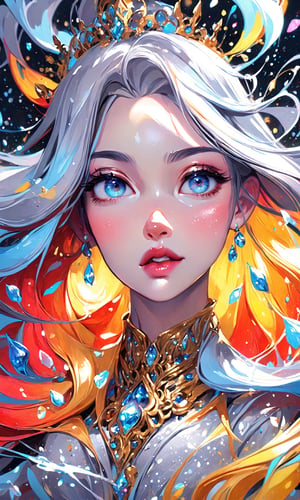 (full body), splash art, a close up liquid luminous lady made of colors, golden, white pastel blue silver, filigree, filigree detailed, color drops, coloe waves, splash style of colorful paint, hyperdetailed intricately detailed, unreal engine, fantastical, intricate detail, splash screen, complementary colors, fantasy, concept art, 8k resolution, deviantart masterpiece, oil painting, heavy strokes, paint dripping, splash arts, fantasy art, by Yanjun Cheng, guweiz, by atey ghailan, Greg Rutkowski, greg tocchini, Sakimichan, Bowater, artgerm, wlop. concept art, centered composition perfect composition, fantasy creature, beautiful view, motion blur, brushstrokes, concept art, centered, intricated pose, intricated, K-Eyes