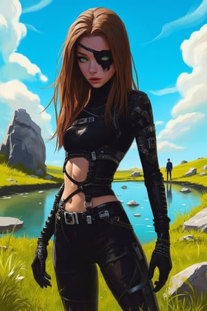 hntdlnwrk style, aesthetic, mad-vprwv cyberpunk,

A cartoon girl with long brown hair, dressed in black leather clothes and a black patch over one eye with a skull image. She has piercing green eyes and her hair cascades over her shoulders. She stands in the middle of a grassy field, with a large stone lying to her left. A pond is visible in the distance, and a man is walking in the distance. The sky is blue, dotted with white clouds, adding a pop of color to the scene.

neon, vaporwave.

art, colored pencil, sketch, painting, paper texture,art_solyanka,SKP-highly detailed,SamYoung_Illustration,fluxtration