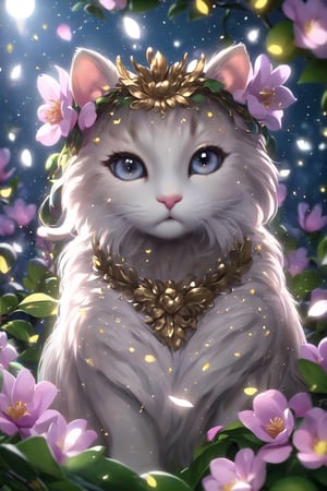 Realistic cat in a flower wreath of magnolias, pearl-colored wool with iridescences, There are golden sparks in his eyes, in the background there is a night garden with glowing little fireflies, divine lighting, cute, 4k, unreal engine 5, K-Eyes