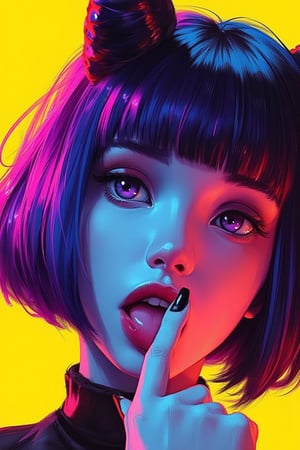 hntdlnwrk style, aesthetic, mad-vprwv cyberpunk,

A digital art painting of a woman, core_9,score_8_up,score_7_up,score_6_up, 1girl, solo, tongue, purple eyes, tongue out, bangs, looking at viewer, makeup, black nails, short hair, purple hair, fang, portrait, nail polish, bob cut, eyeliner, close-up, oni horns, yellow background, eyeshadow, eyelashes, short eyebrows, fingernails, blunt bangs, open mouth, finger to mouth, thick eyebrows.

neon, vaporwave.

art, colored pencil, sketch, painting, paper texture,art_solyanka,SKP-highly detailed,SamYoung_Illustration,fluxtration