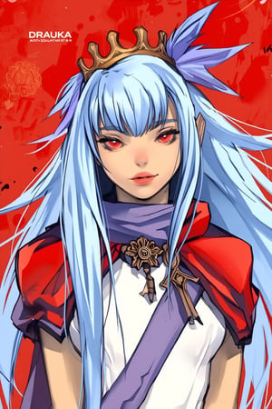 1girl, solo, long hair, looking at viewer, bangs, red eyes, dress, jewelry, closed mouth, blue hair, upper body, parted bangs, expressionless, crown, red cape, An animated image of a girl with long blue hair and a crown on her head. The girl is wearing a white dress with a purple sash around her neck. The crown is adorned with purple and blue feathers. The background is a vibrant red color. The woman's eyes are red and her hair is a light blue. Her hair is long and cascades down to her shoulders.

in bold ((fantasy style text highlighted at the top)): "DRAUKA - ai illustrator" The background is simple yet textured to resemble watercolor paper.

The overall style resembles a sketch or painting using colored pencils. paper texture,art,art_solyanka,dal,manwhastyle, manwha, thick lineart,