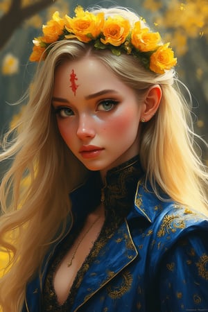 hntdlnwrk style, aesthetic, 

A waist-high portrait of a girl who looks like a porcelain doll with long blond hair, decorated with a crown of magical yellow flowers. A mystical small pattern of red paint is depicted on the girl's forehead, which gives the scene brightness and fabulousness. The background is blurred, which creates a sharp contrast with the girl's outfit. The woman's outfit is decorated with a dark blue with a gold pattern, a blue jacket with rune-like ornaments is draped over her shoulders.

art, colored pencil, sketch, painting, paper texture,art_solyanka,SKP-highly detailed,SamYoung_Illustration,fluxtration