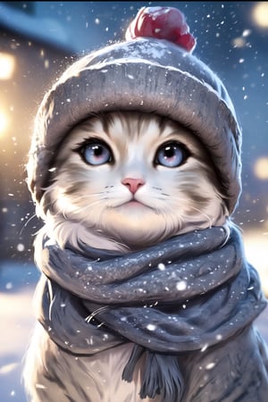 Realistic cat in a winter hat, scarf, snow falling on the background, divine lighting, cute, 4k, unreal engine 5, K-Eyes