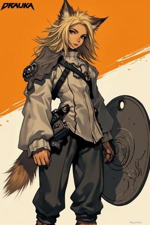 Neko with brown ears and tail wearing a sturdy shirt and pants with blonde layered hair and is holding a shield,

The word "DRAUKA" is written in a bold font at the top left of the image
ct-pop2,cyberpunk