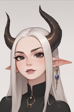 Score_9, Score_8_up, Score_7_up,a young black woman with long white hair and horns on her head, symmetric beautiful face, K-Eyes,K-Eyes