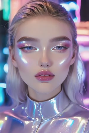 portrait, A young model, an amazing girl, dressed in mother-of-pearl clothes that shimmer like a translucent neon sign, causing a feeling of freshness, renewal and brightness - the style of neon photography, wet makeup on her face, iridescent glitters on her eyelids and lips, K-Eyes