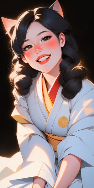 (full body portrait of a Japanese girl in the style of Conrad Roset, Nicola Samori), (extra long shiny black curly hair, cat ears), (pure white kimono:1.6), light smile, more detail XL,K-Eyes