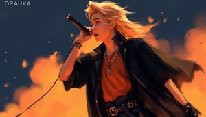 In the vibrant world of At the Gates, Viktorija Moody's Game art, Amber and Resplendent Dynamic captures a moment,

((1guy)), ((male accent)), solo, open mouth, blonde hair, hair ornament, 1boy, jewelry, male focus, belt, necklace, cape, bracelet, microphone, music, singing, orange shirt, microphone stand, vibrating pose. An animated image of a man with a microphone in his hands. The man is wearing a black raincoat with a black belt around his waist. He has long blond hair that flutters in the wind. He has black bracelets on his left wrist. His left hand is raised up. He holds a microphone in his right hand. The microphone is black. The background is dark blue, orange smoke rises from behind him. The background is blurred, which creates a sharp contrast with the character's outfit.

with a text in the upper right corner that reads "DRAUKA".

volumetric lighting, brutalism. Framed at 270mm with a shallow depth of field. 

art, colored pencil, sketch, painting, paper texture,art_solyanka,SKP-highly detailed,SamYoung_Illustration,fluxtration,ohwx style,Curi,1xcurx1,2xcurx2,1xcurx1,2xcurx2,1xcurx1,Xpoolx,Xshortx,Xmilitaryx,Xbeachx,Xmilitaryx,XCheckeredx 