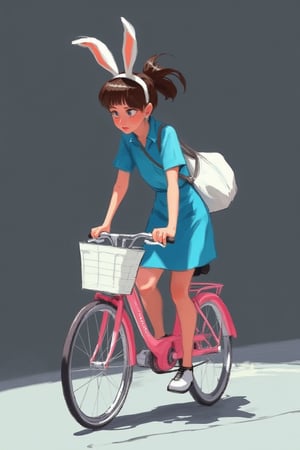 hntdlnwrk style, aesthetic, 

An animated image of a woman in a blue dress and white rabbit ears on her head. She is standing on a light gray floor. The bike she is riding is a light pink color with a white basket attached to the handlebars. The woman is wearing a black watch on her left wrist. Her hair is dark brown and her eyes are black. She has a white bag strapped to her right shoulder. Her left hand is on the handlebar of the bike. The background is a dark gray.

art, colored pencil, sketch, painting, paper texture,art_solyanka,SKP-highly detailed,SamYoung_Illustration,fluxtration