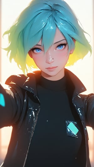 STICKER ON A WHITE BACKGROUND. green holographic silhouette, knee socks.
1girl, solo, looking at viewer, short hair, bangs, blue eyes, shirt, hair between eyes, closed mouth, jacket, upper body, outdoors, open clothes, blurry, open jacket, lips, black jacket, black shirt, depth of field, blurry background, outstretched arm, zipper, rain, pocket, outstretched hand, realistic, nose, reaching towards viewer, breast pocket, leather, leather jacket.
photo shoot, photo_realism, motion blur, nuance.
(dynamic view, photoshoot, golden hour, warm sunset lighting, shadows and dynamic lighting, soft lighting), dynamic view, splitter effect, waifu. Stylish. Cute, hot, shiny. Highly detailed uhd wallpaper, cel digital animation

,neon photography style, K-Eyes, score_9, score_8_up, score_7_up, score_6_up, score_5_up, score_4_up, just describe what you want, tag1, tag2,perfect eyes,detailed skin,skin blemish