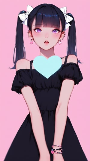 STICKER ON A WHITE BACKGROUND. green holographic silhouette, knee socks.
1girl, solo, long hair, looking at viewer, blush, open mouth, bangs, simple background, black hair, dress, bow, ribbon, twintails, jewelry, purple eyes, upper body, short sleeves, hair bow, heart, earrings, blunt bangs, nail polish, mole, :o, black dress, bracelet, mole under eye, piercing, pink background, white bow, ear piercing, shoulder cutout.
photo shoot, photo_realism, motion blur, nuance.
(dynamic view, photoshoot, golden hour, warm sunset lighting, shadows and dynamic lighting, soft lighting), dynamic view, splitter effect, waifu. Stylish. Cute, hot, shiny. Highly detailed uhd wallpaper, cel digital animation

,neon photography style, K-Eyes, score_9, score_8_up, score_7_up, score_6_up, score_5_up, score_4_up, just describe what you want, tag1, tag2,perfect eyes,detailed skin,skin blemish