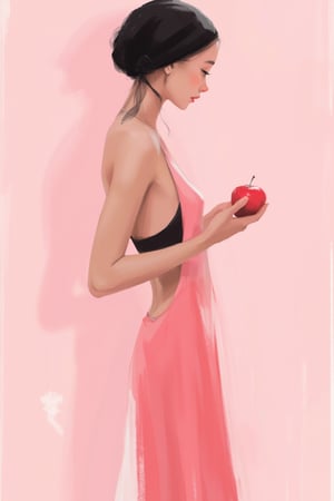 hntdlnwrk style, aesthetic, 

An abstract digital art painting depicting a woman in a semi-transparent modest pink dress and a black bra. Portrait in profile, A woman holding an apple in her right hand. On her head she has a black plain little scarf. abstract minimalistic pastel light pink background. Minimalism. 

art, colored pencil, sketch, painting, paper texture,art_solyanka,SKP-highly detailed,SamYoung_Illustration,fluxtration