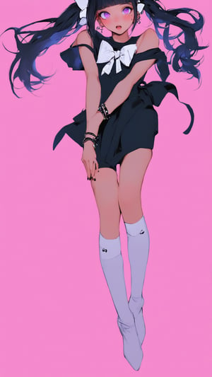 STICKER ON A WHITE BACKGROUND. green holographic silhouette, knee socks.
1girl, solo, long hair, looking at viewer, blush, open mouth, bangs, simple background, black hair, dress, bow, ribbon, twintails, jewelry, purple eyes, upper body, short sleeves, hair bow, heart, earrings, blunt bangs, nail polish, mole, :o, black dress, bracelet, mole under eye, piercing, pink background, white bow, ear piercing, shoulder cutout.
photo shoot, photo_realism, motion blur, nuance.
(dynamic view, photoshoot, golden hour, warm sunset lighting, shadows and dynamic lighting, soft lighting), dynamic view, splitter effect, waifu. Stylish. Cute, hot, shiny. Highly detailed uhd wallpaper, cel digital animation

,neon photography style, K-Eyes, score_9, score_8_up, score_7_up, score_6_up, score_5_up, score_4_up, just describe what you want, tag1, tag2,perfect eyes,detailed skin,skin blemish