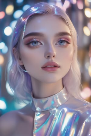 portrait, A young model, a stunning girl with big bright eyes, dressed in mother-of-pearl clothes that shimmer like a translucent neon sign, causing a feeling of freshness, renewal and brightness - the style of neon photography, wet makeup on her face, iridescent glitters on her eyelids and lips, K-Eyes