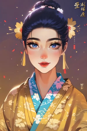 A beautiful flirtatiously smiling woman, a very busty ronin wearing gold lace kimono, Meiji restoration, blue eyes, yojimbo, cleavage, bare shoulders, masterpiece, best quality, extremely delicate and beautiful, highres, original, intricate hairstyle, a view from the side and above, large anime eyes, realistic eyes, highly detailed eyes, natural skin, natural skin texture, subsurface scattering, muted colors, skin pores, perfect face, perfect eyes, perfect full lips, supple female form, vivid, cinematic, Film light,painted world, K-Eyes, colorful splashes