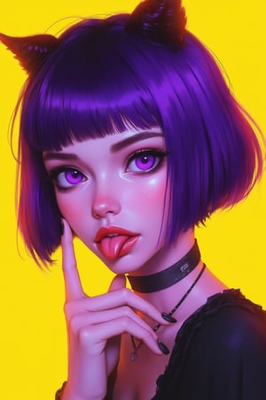 hntdlnwrk style, aesthetic, mad-vprwv cyberpunk,

A digital art painting of a woman, core_9,score_8_up,score_7_up,score_6_up, 1girl, solo, tongue, purple eyes, tongue out, bangs, looking at viewer, makeup, black nails, short hair, purple hair, fang, portrait, nail polish, bob cut, eyeliner, close-up, oni horns, yellow background, eyeshadow, eyelashes, short eyebrows, fingernails, blunt bangs, open mouth, finger to mouth, thick eyebrows.

neon, vaporwave.

art, colored pencil, sketch, painting, paper texture,art_solyanka,SKP-highly detailed,SamYoung_Illustration,fluxtration