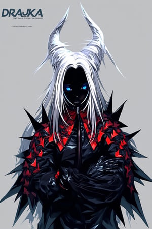 source_furry, solo, Tiefling, vivid blue eyes, white long ghostly horns, white jagged hair, black skin, and jagged reaper robe with red spiked collar,

The word "DRAUKA" is written in a bold font at the top left of the image
ct-pop2,cyberpunk