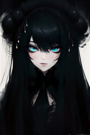 Minimalist painting, portrait of gothic girl, looking at viewer, sexy, slender body, black lace dress, tulle, full black lips, eye drawing, tuxedo eyes, long fluffy lashes, in the style of esao andrews, K-Eyes