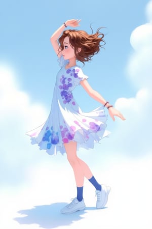 hntdlnwrk style, aesthetic, 

An animated image of a girl in a white dress with purple and blue flowers on it. The girl is standing on a white surface. The background is a light blue with white clouds in the sky. There is a shadow of the girl on the ground behind her. Her hair is brown and blue. Her eyes are dark and her hair is blowing in the wind. Her right hand is raised above her head. Her left hand is resting on her hip. She is wearing a bracelet on her right wrist. Her shoes are white with blue socks.

art, colored pencil, sketch, painting, paper texture,art_solyanka,SKP-highly detailed,SamYoung_Illustration,fluxtration