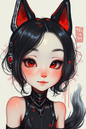 aesthetic,

score_9, score_8_up, score_7_up, (masterpiece, perfectly detailed, beautiful face, detailed eyes, vibrant colors), ultra HD, 8K, dog ears, dog tail, dog girl, black fur, white skin, red eyes, bags under eyes, small breasts, freckles, (closed eyes:1.2), smile, onna zuwari, (cyborg) wearing sleeveless dress, Metallic exoskeleton arms with intricate circuitry, glowing LED accents, Ceramic-coated legs braces with geometric patterns, iridescent ceramic finish, lightweight design, detailed design, intricate details, simple background,

add text to the bottom corner of "Drauka",

legendofnerd style, BREAK simple background, diagonal abstract structure on background, 

colored pencil, sketch, painting, paper texture,art_solyanka,SKP-highly detailed,SamYoung_Illustration