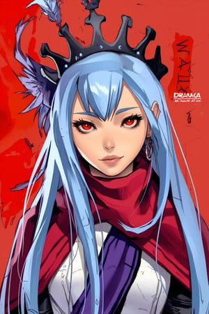 1girl, solo, long hair, looking at viewer, bangs, red eyes, dress, jewelry, closed mouth, blue hair, upper body, parted bangs, expressionless, crown, red cape, An animated image of a girl with long blue hair and a crown on her head. The girl is wearing a white dress with a purple sash around her neck. The crown is adorned with purple and blue feathers. The background is a vibrant red color. The woman's eyes are red and her hair is a light blue. Her hair is long and cascades down to her shoulders.

in bold ((fantasy style text highlighted at the top)): "DRAUKA - ai illustrator" The background is simple yet textured to resemble watercolor paper.

The overall style resembles a sketch or painting using colored pencils. paper texture,art,art_solyanka,dal,manwhastyle, manwha, thick lineart,