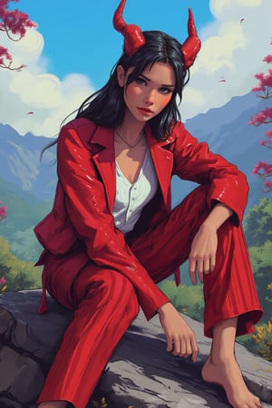 hntdlnwrk style, aesthetic, mad-vprwv cyberpunk,

a cartoon character, dressed in a red jacket, adorned with a white button-down shirt and red striped pants. The character's head is adorned with two horns, one on each side of her head . She is sitting on a rock, her legs crossed, and her hands resting on her knees. The background is blurred, revealing a mountain range, dotted with trees and foliage. The sky is a muted blue, with a few wispy clouds, adding a pop of color to the scene.

neon, vaporwave.

art, colored pencil, sketch, painting, paper texture,art_solyanka,SKP-highly detailed,SamYoung_Illustration,fluxtration