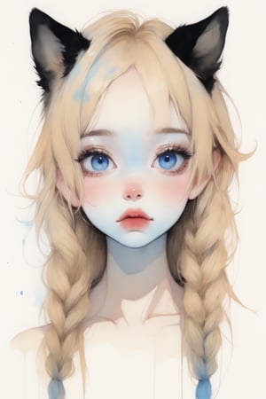 (in the style of Conrad Roset, Nicola Samori), ultra realistic, (arbitrarily beautiful:1.4), full body, sexy female, (blonde, long braids, cat ears), (blue eyes:1.2), more detail XL,K-Eyes,dramaticwatercolor
