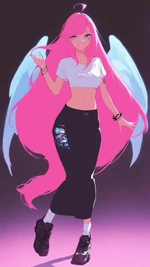 STICKER ON A WHITE BACKGROUND. green holographic silhouette, knee socks.
1girl, solo, long hair, breasts, smile, blue eyes, skirt, simple background, navel, jewelry, full body, pink hair, ahoge, wings, shoes, midriff, pants, bag, character name, bracelet, crop top, tattoo, makeup, leaning forward, black background, long skirt.
photo shoot, photo_realism.
dynamic view, shadows and dynamic lighting, soft lighting, dynamic view, splitter effect, waifu. Stylish. Cute, hot, shiny. Highly detailed uhd wallpaper, cel digital animation

,neon photography style, K-Eyes, score_9, score_8_up, score_7_up, score_6_up, score_5_up, score_4_up, just describe what you want, tag1, tag2