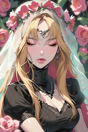  In the vibrant world of At the Gates, Viktorija Moody's Game art, Amber and Resplendent Dynamic captures a moment, An intricate digital illustration,

1girl, solo, long hair, blonde hair, dress, jewelry, sitting, closed eyes, flower, puffy sleeves, water, necklace, rose, ring, veil, pink flower, circlet. a cartoon depiction of a woman with long blonde hair and a veil on her head. She is dressed in a black dress, adorned with silver bracelets and silver gloves. Her veil is draped over her head, adding a touch of privacy to the scene. In the background, a wall adorned with a wreath of pink roses is adorned with green leaves

The background is blurred, which creates a sharp contrast with the character's outfit. text "DRAUKA" text.

volumetric lighting, brutalism. Framed at 270mm with a shallow depth of field. art, colored pencil, sketch, painting, paper texture, K-Eyes,Text