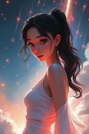 aesthetic,
chromatic aberration, sineprin,1girl, black hair, black eyes, looking at viewer, misty background with falling comets, starry sky background, red highlights, white dress with magical effects, upper body, ponytail, closed lips, slender, dynamic pose, emphasized meteor shower, shooting stars in the sky,

lightweight design, intricate details, legendofnerd style, BREAK abstract structure on background, 

colored pencil, sketch, painting, paper texture,art_solyanka,SKP-highly detailed,SamYoung_Illustration