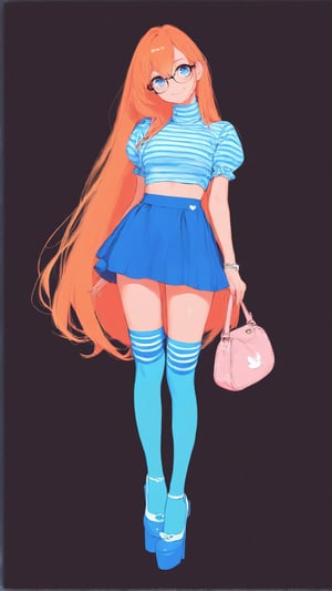 STICKER ON A WHITE BACKGROUND. green holographic silhouette, knee socks.
1girl, solo, long hair, looking at viewer, smile, bangs, blue eyes, skirt, simple background, shirt, thighhighs, hair between eyes, very long hair, standing, full body, short sleeves, heart, shoes, glasses, striped, puffy sleeves, signature, bag, orange hair, high heels, blue skirt, crop top, head tilt, turtleneck, black background, blue footwear, striped shirt, handbag, shoulder bag, blue thighhighs, aqua footwear.
photo shoot, photo_realism.
dynamic view, shadows and dynamic lighting, soft lighting, dynamic view, splitter effect, waifu. Stylish. Cute, hot, shiny. Highly detailed uhd wallpaper, cel digital animation

,neon photography style,K-Eyes,score_9,score_8_up,score_7_up,