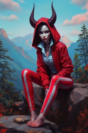 hntdlnwrk style, aesthetic, mad-vprwv cyberpunk,

a cartoon character, dressed in a red jacket, adorned with a white button-down shirt and red striped pants. The character's head is adorned with two horns, one on each side of her head . She is sitting on a rock, her legs crossed, and her hands resting on her knees. The background is blurred, revealing a mountain range, dotted with trees and foliage. The sky is a muted blue, with a few wispy clouds, adding a pop of color to the scene.

neon, vaporwave.

art, colored pencil, sketch, painting, paper texture,art_solyanka,SKP-highly detailed,SamYoung_Illustration,fluxtration