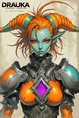 Tiefling, intense eyes, three pointed orange horns with teal horizontal line, orange and teal tendril hair, teal skin, and orange and gray mecha-like armor with teal and a purple chest gem,

The word "DRAUKA" is written in a bold font at the top left of the image
ct-pop2,cyberpunk