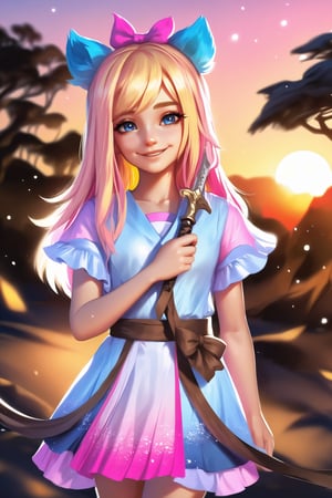 Envision a dynamic photoshoot scene at golden hour, featuring a solo furry girl with long, multicolored hair streaked in blue and pink, blending into blonde highlights. She has animal ears and wears a frilled dress adorned with a bow, standing under warm sunset lighting that casts soft shadows. The girl, a virtual YouTuber, holds a sword in a sheath, her expression a confident smile as she looks directly at the viewer. The setting is a serene outdoor location with a tree, the lighting enhancing the dynamic view, possibly using a splitter effect to capture the action and interplay of light and shadow.