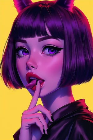 hntdlnwrk style, aesthetic, mad-vprwv cyberpunk,

A digital art painting of a woman, core_9,score_8_up,score_7_up,score_6_up, 1girl, solo, tongue, purple eyes, tongue out, bangs, looking at viewer, makeup, black nails, short hair, purple hair, fang, portrait, nail polish, bob cut, eyeliner, close-up, oni horns, yellow background, eyeshadow, eyelashes, short eyebrows, fingernails, blunt bangs, open mouth, finger to mouth, thick eyebrows.

neon, vaporwave.

art, colored pencil, sketch, painting, paper texture,art_solyanka,SKP-highly detailed,SamYoung_Illustration,fluxtration