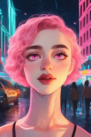 a girl with a short hairstyle and wavy hair, pink eyes, stands against the background of a neon city at night, neon reflexes and reflections on the asphalt, the architecture of the city of St. Petersburg, high detail, illustration, masterpiece,digital painting, art, K-Eyes