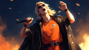 In the vibrant world of At the Gates, Viktorija Moody's Game art, Amber and Resplendent Dynamic captures a moment,

((1guy)), ((male accent)), solo, open mouth, blonde hair, hair ornament, 1boy, jewelry, male focus, belt, necklace, cape, bracelet, sunglasses, microphone, music, singing, orange shirt, microphone stand, vibrating pose. An animated image of a man with a microphone in his hands. The man is wearing a black raincoat with a black belt around his waist. He has long blond hair that flutters in the wind. He has black bracelets on his left wrist. His left hand is raised up. He holds a microphone in his right hand. The microphone is black. The background is dark blue, orange smoke rises from behind him. The background is blurred, which creates a sharp contrast with the character's outfit.

with a text in the upper right corner that reads "DRAUKA".

volumetric lighting, brutalism. Framed at 270mm with a shallow depth of field. 

art, colored pencil, sketch, painting, paper texture,art_solyanka,SKP-highly detailed,SamYoung_Illustration,fluxtration,ohwx style,Curi,1xcurx1,2xcurx2,1xcurx1,2xcurx2,1xcurx1,Xpoolx,Xshortx,Xmilitaryx,Xbeachx,Xmilitaryx,XCheckeredx 