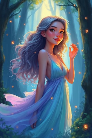 aesthetic,
source cartoon 1girl, ethereal face, glowing eyes, detailed eyes, HD eyes, soft blush, freckles, floating, looking into distance, flowing dress with gradient from teal to lavender, slender figure, long flowing hair with gradient from silver to purple, golden eyes, curly hair, parted hair, delicate eyebrows, serene smile, both hands raised, enchanted forest, ancient trees, mystical aura, glowing orbs, twilight, moonlight rays,

lightweight design, intricate details, legendofnerd style, BREAK abstract structure on background, 

colored pencil, sketch, painting, paper texture,art_solyanka,SKP-highly detailed,SamYoung_Illustration