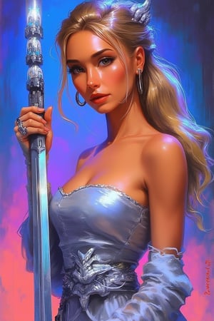 hntdlnwrk style, aesthetic, mad-vprwv cyberpunk,

A digital art painting of a woman with long, wavy blonde hair and dark eyes. She is wearing a silver strapless dress with a silver belt around her waist. The woman is holding a silver sword in her right hand and a silver dragon in her left hand. Her left hand is covered in a silver ring on her left wrist. Her right hand is wrapped around her right arm. Her hair is pulled back in a ponytail. The background is a mix of blue, purple, and pink colors. There are three fire engines on the left side of the woman's head.

neon, vaporwave.

art, colored pencil, sketch, painting, paper texture,art_solyanka,SKP-highly detailed,SamYoung_Illustration,fluxtration