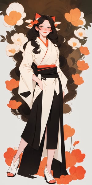 (full body portrait of a Japanese girl in the style of Conrad Roset, Nicola Samori), (extra long shiny black curly hair, cat ears), (pure white kimono:1.6), light smile, more detail XL,K-Eyes