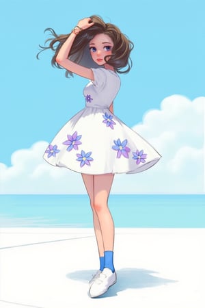 hntdlnwrk style, aesthetic, 

An animated image of a girl in a white dress with purple and blue flowers on it. The girl is standing on a white surface. The background is a light blue with white clouds in the sky. There is a shadow of the girl on the ground behind her. Her hair is brown and blue. Her eyes are dark and her hair is blowing in the wind. Her right hand is raised above her head. Her left hand is resting on her hip. She is wearing a bracelet on her right wrist. Her shoes are white with blue socks.

art, colored pencil, sketch, painting, paper texture,art_solyanka,SKP-highly detailed,SamYoung_Illustration,fluxtration