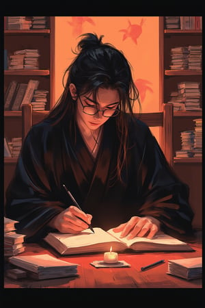 hntdlnwrk style, aesthetic, 

solo, long hair, black hair, long sleeves, 1boy, holding, sitting, male focus, japanese clothes, glasses, indoors, kimono, book, chair, border, table, messy hair, robe, open book, candle, black border, book stack, writing. An animated image of a man with long black hair and glasses. He is wearing a black kimono and is sitting at a brown wooden table. He has a pen in his right hand and a pencil in his left. There is a lighted candle on the table in front of him. There are shelves lined with books on both sides of it. Minimalism. 

art, colored pencil, sketch, painting, paper texture,art_solyanka,SKP-highly detailed,SamYoung_Illustration,fluxtration,ohwx style,chinese ink drawing