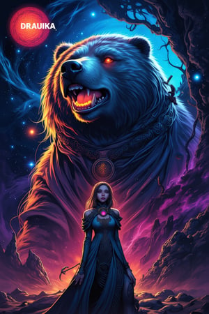 Celtic Goddess Andarta whom is a great and powerful bear and behind her is the great glorious cosmos,

The word "DRAUKA" is written in a bold font at the top left of the image
ct-pop2,cyberpunk